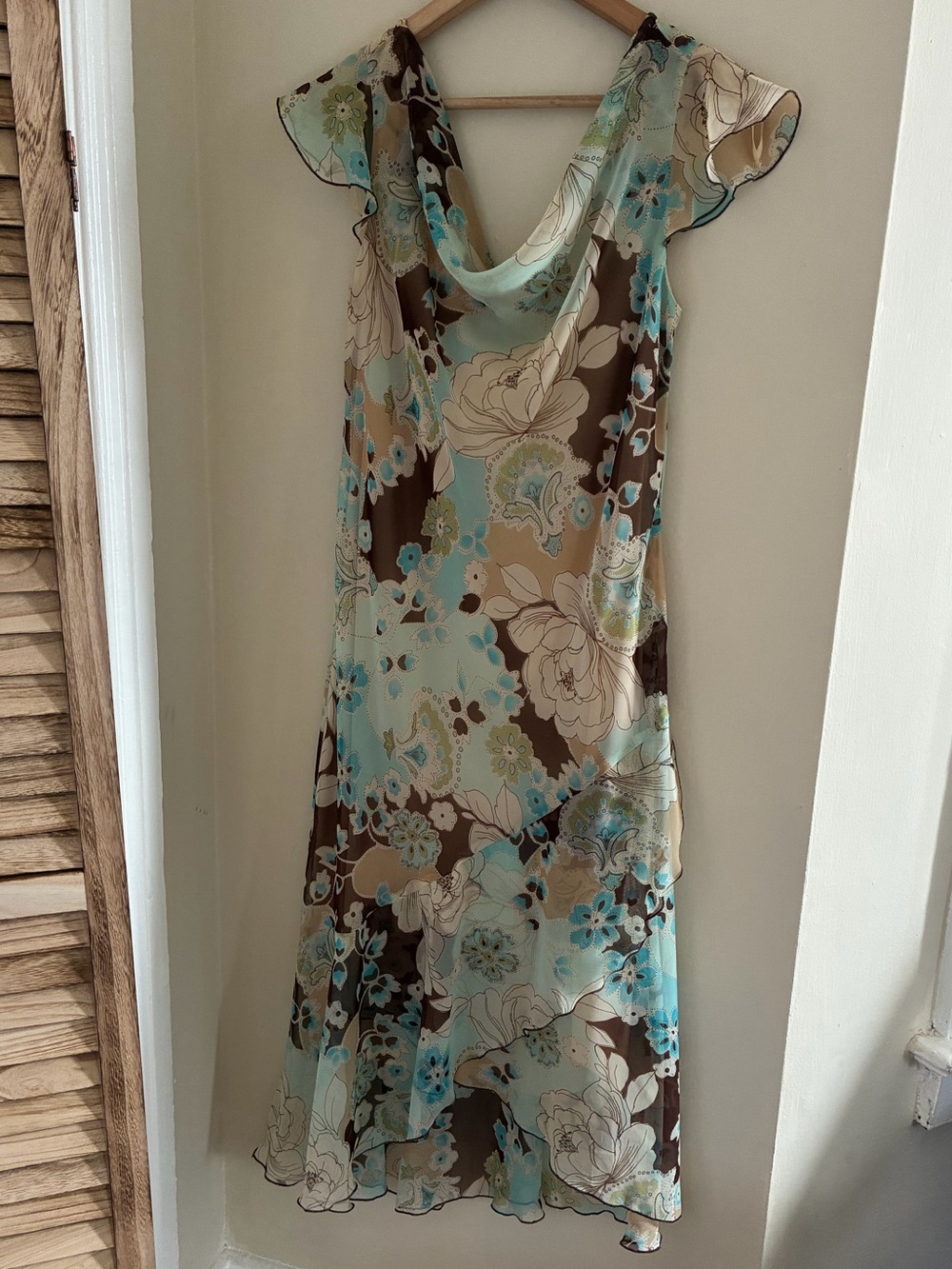 B. Smart Y2K Fairycore Floral Cowl Neck Ruffle Midi Dress Blue Brown 15/16